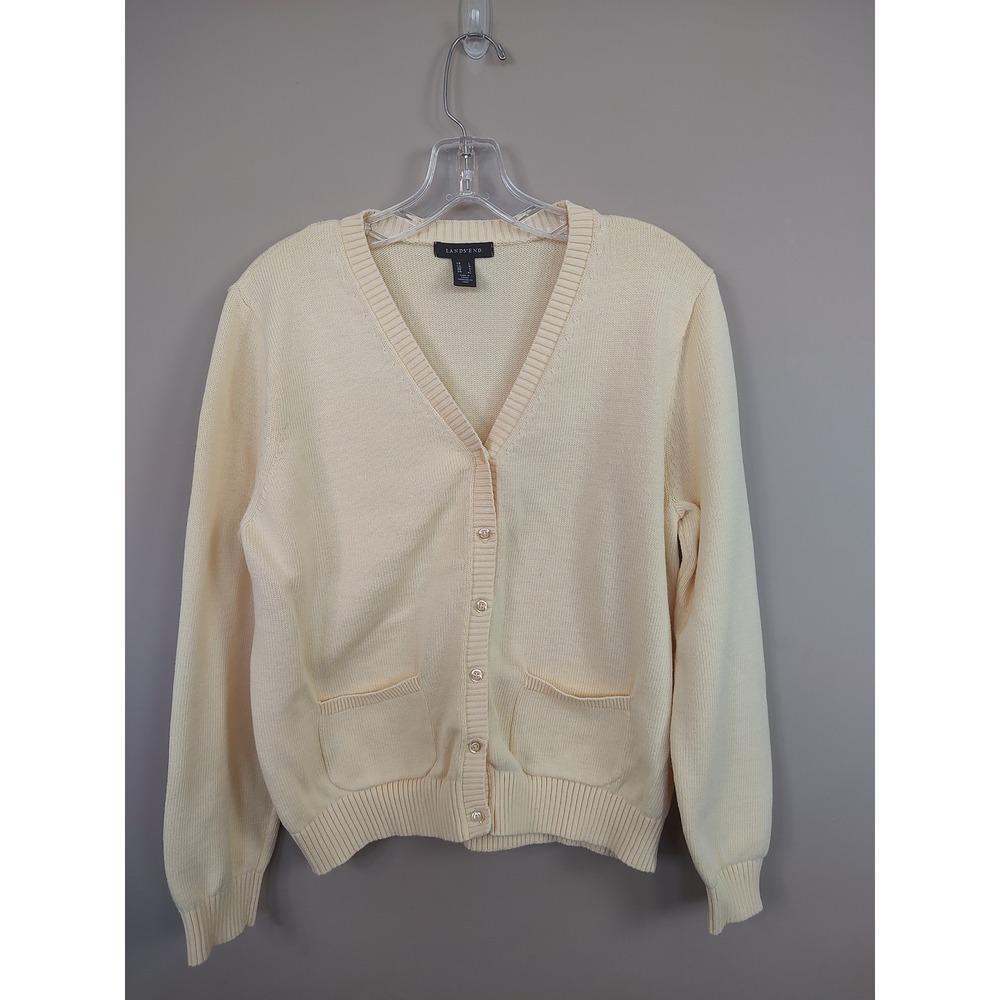 Lands End Womens Cream Yellow V-Neck Button Front Cardigan Sweater Size L